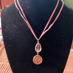 Pink & silver pendant on suede necklace